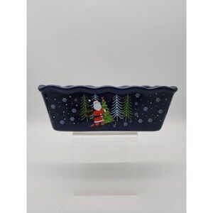 Nantucket Ceramic Mini Loaf Pan Santa Claus Winter Scene Navy Blue NEW 6" x 3"
